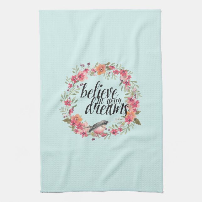 Chic Mint Believe in Your Dreams Bird Pink Floral  Tea Towel (Vertical)