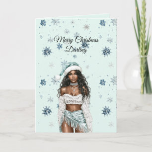 Chic Mint Blue Snowflakes Black Hair Female Card