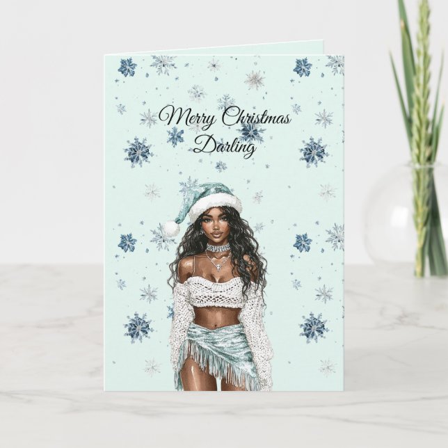 Chic Mint Blue Snowflakes Black Hair Female Card (Front)