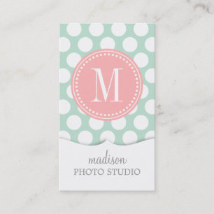 Chic Mint & Blush Pink Big Dots Monogrammed Business Card
