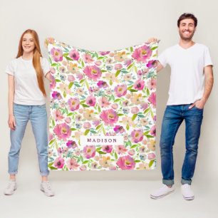 Chic Mint & Blush Pink Watercolor Floral Monogram Fleece Blanket