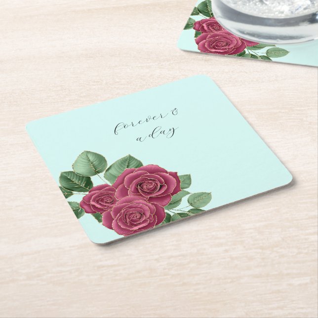 Chic Mint Burgundy Gold Roses Wedding Leaves Square Paper Coaster (Angled)