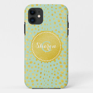 Chic mint faux gold glitter cheetah print monogram iPhone 11 case