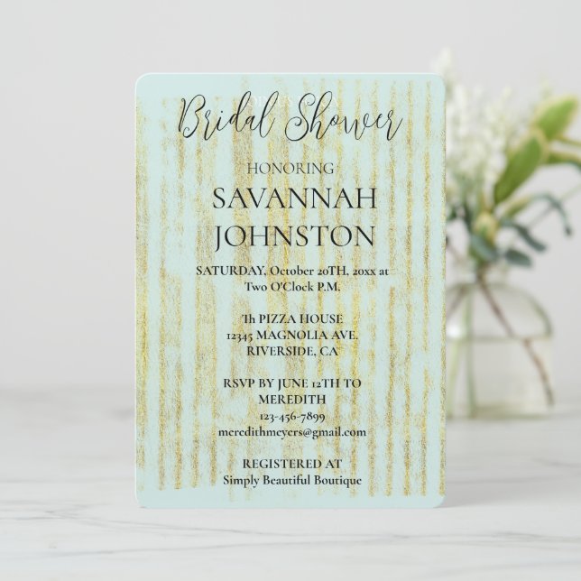 Chic Mint Glam Gold Stripes Bridal Shower Invitation (Standing Front)