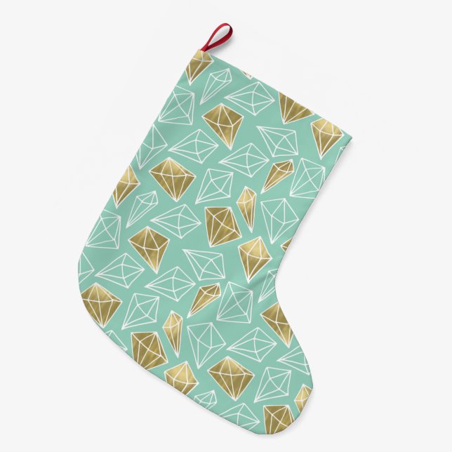 Chic Mint Gold Diamonds Christmas Large Christmas Stocking (Front (Hanging))