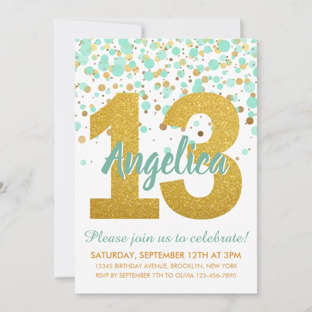 Chic Mint Gold Glitter Confetti Girl 13th Birthday Invitation (Front)