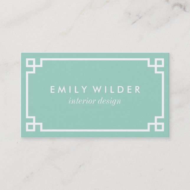 Chic Mint Green and White Greek Key Business Card (Front)