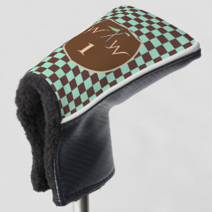 Chic Mint Green & Brown Chequered Monogram Golf Head Cover