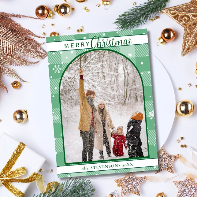 Chic Mint Green Buffalo Plaid Snowflakes Christmas Holiday Card (Creator Uploaded)