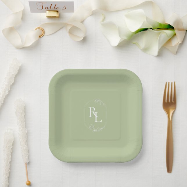 Chic Mint Green Couple Monogram Wedding  Paper Plate (Wedding)