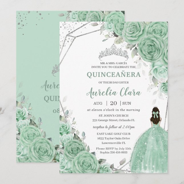 Chic Mint Green Floral Princess Silver Quinceañera Invitation (Front/Back)