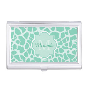 Chic Mint Green Giraffe Print Monogram and Name Business Card Holder