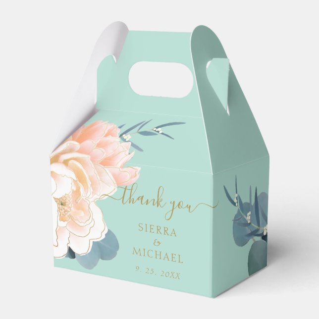 Chic Mint Green Gold Blush Peach Floral Wedding Favour Box (Front Side)