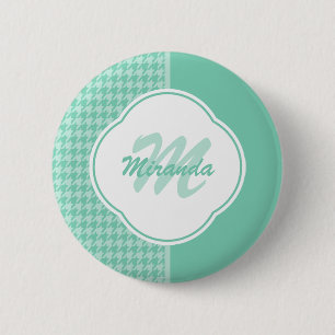 Chic Mint Green Houndstooth With Monogram and Name 6 Cm Round Badge