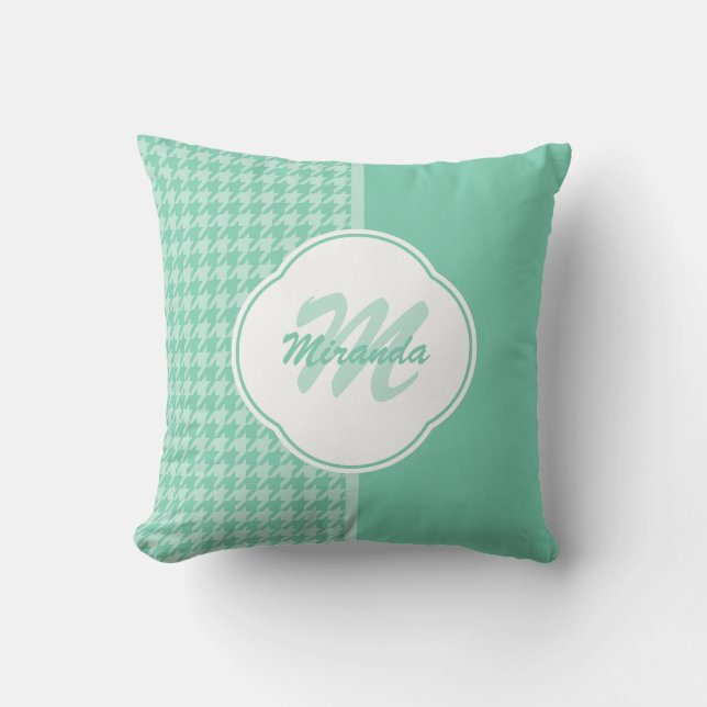 Chic Mint Green Houndstooth With Monogram and Name Cushion (Front)