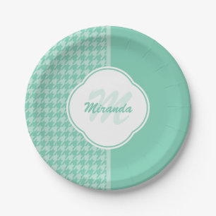 Chic Mint Green Houndstooth With Monogram and Name Paper Plate