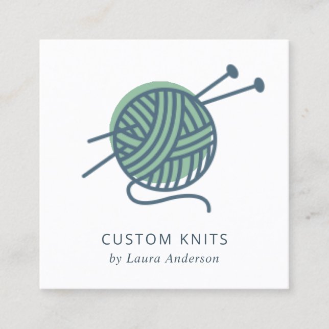CHIC MINT GREEN NAVY GREY KNITTING WOOL YARN BALL SQUARE BUSINESS CARD (Front)