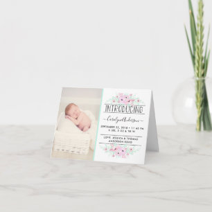 Chic Mint Green & Pink Flowers Birth Announcement