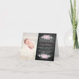 Chic Mint Green & Pink Flowers Birth Announcement