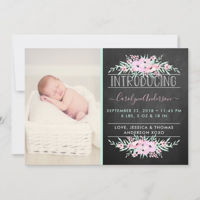 Chic Mint Green & Pink Flowers Birth Announcement (Front)