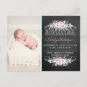 Chic Mint Green & Pink Flowers Birth Announcement