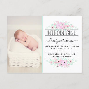 Chic Mint Green & Pink Flowers Birth Announcement