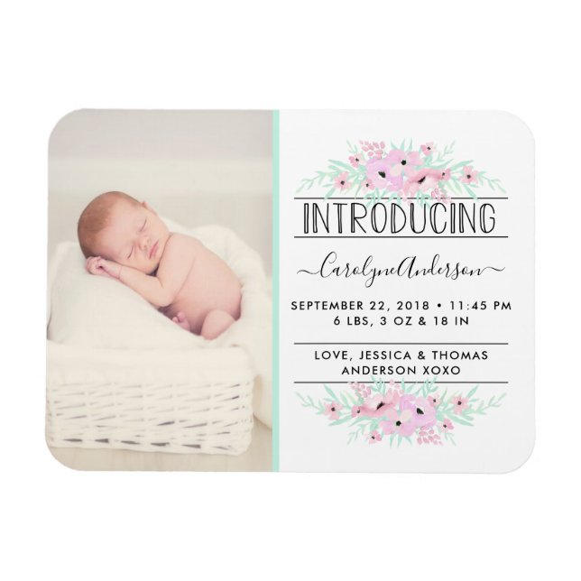 Chic Mint Green & Pink Flowers Birth Announcement Magnet (Horizontal)