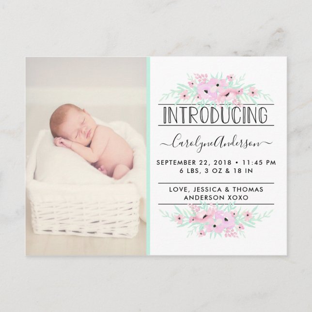 Chic Mint Green & Pink Flowers Birth Announcement Postcard (Front)