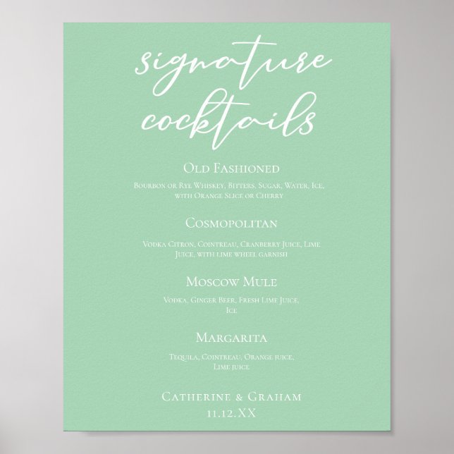 Chic Mint Green Wedding Signature Cocktails Menu Poster (Front)