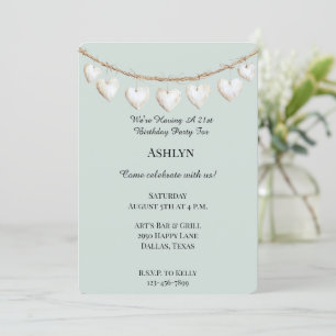 Chic Mint Green White Hearts Birthday Invitation