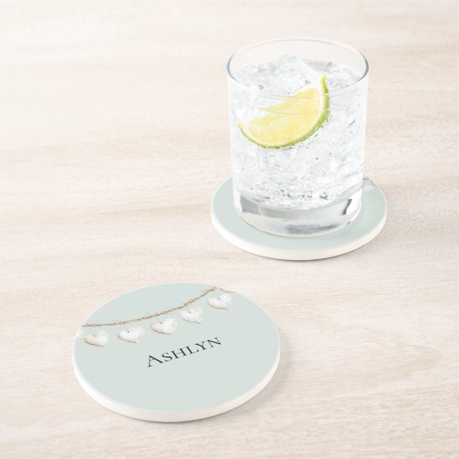 Chic Mint Green White Hearts   Coaster (Side)