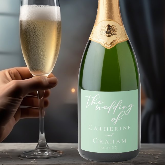 Chic Mint Green White Personalised Wedding Sparkling Wine Label (Creator Uploaded)