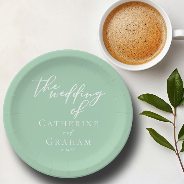 Chic Mint Green White Script Personalised Wedding Paper Plate (Creator Uploaded)