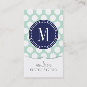 Chic Mint & Navy Big Dots Monogrammed Business Card
