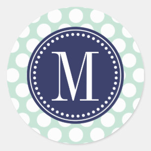 Chic Mint & Navy Big Dots Monogrammed Classic Round Sticker
