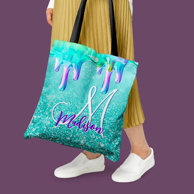 Chic mint ombre glitter unicorn drips monogram tote bag (Creator Uploaded)