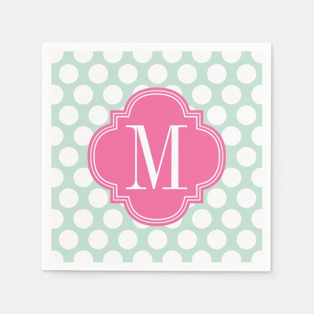 Chic Mint & Pink Big Dots Monogrammed Napkin (Front)