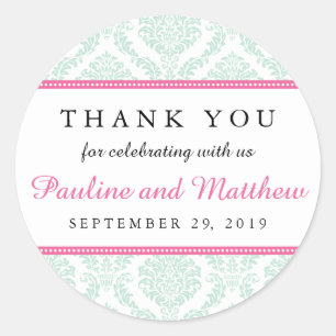 Chic Mint & Pink Damask Wedding Classic Round Sticker