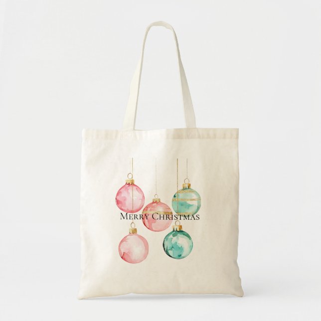 Chic Mint Pink Gold Christmas Ornaments Tote Bag (Front)