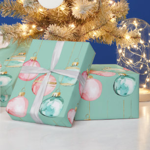 Chic Mint Pink Gold Christmas Ornaments Wrapping Paper