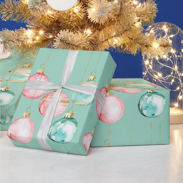 Chic Mint Pink Gold Christmas Ornaments Wrapping Paper (Holidays)