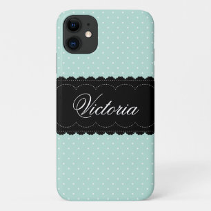 Chic Mint Polka Dots Black Design Custom Name iPhone 11 Case