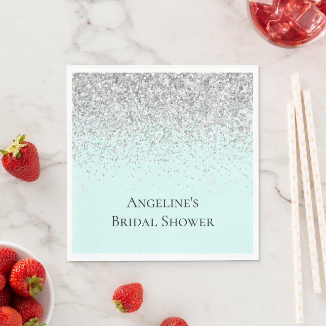 Chic Mint Silver Glitter Bridal Shower Napkin (Insitu)