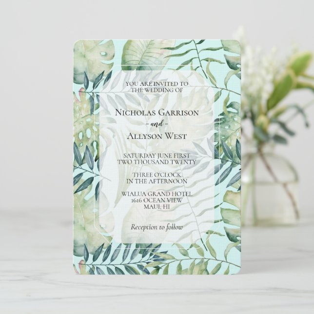 Chic Mint Tropical Green Leaves Wedding Invitation (Standing Front)