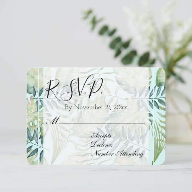 Chic Mint Tropical Green Leaves Wedding RSVP Enclosure Card (Standing Front)