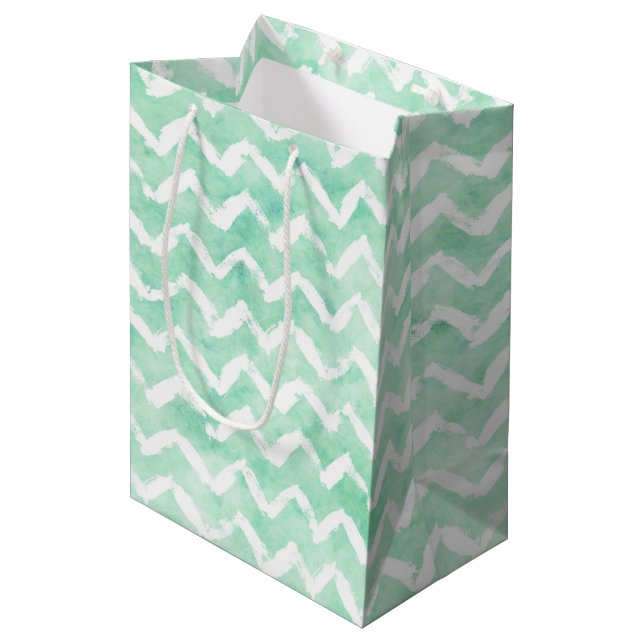 Chic Mint Watercolor Chevron Stripes Medium Gift Bag (Front Angled)