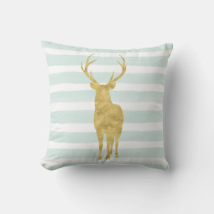 Chic Mint Watercolor Stripes Gold Deer Cushion