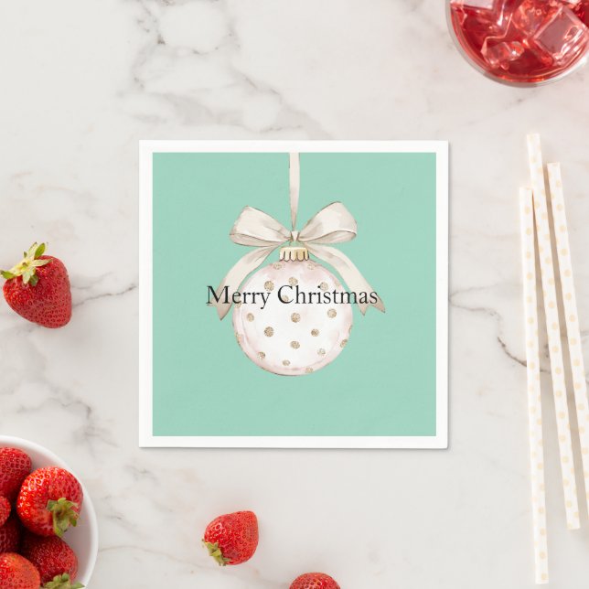 Chic Mint White Dots Bow Ornament Christmas Napkin (Insitu)
