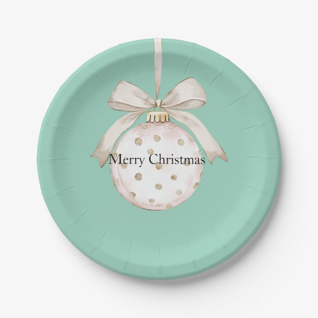 Chic Mint White Dots Bow Ornament Christmas Paper Plate (Front)