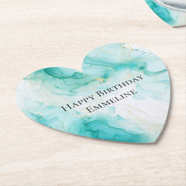 Chic Mint White Gold Birthday Paper Coaster (Angled)